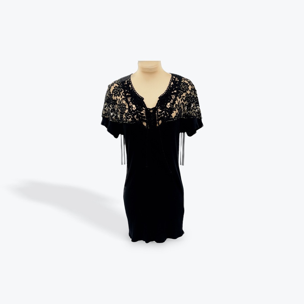 Rhonda Stark Black Dress‎ Lace Fringe Short Sleeve Cotton Blend